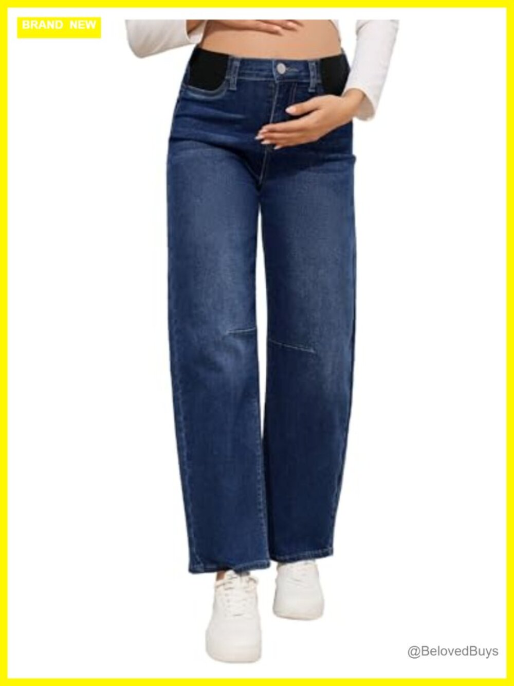 Maternity Barrel Jeans Mid-Rise Wide Leg Stretch Denim Pants Adjustable